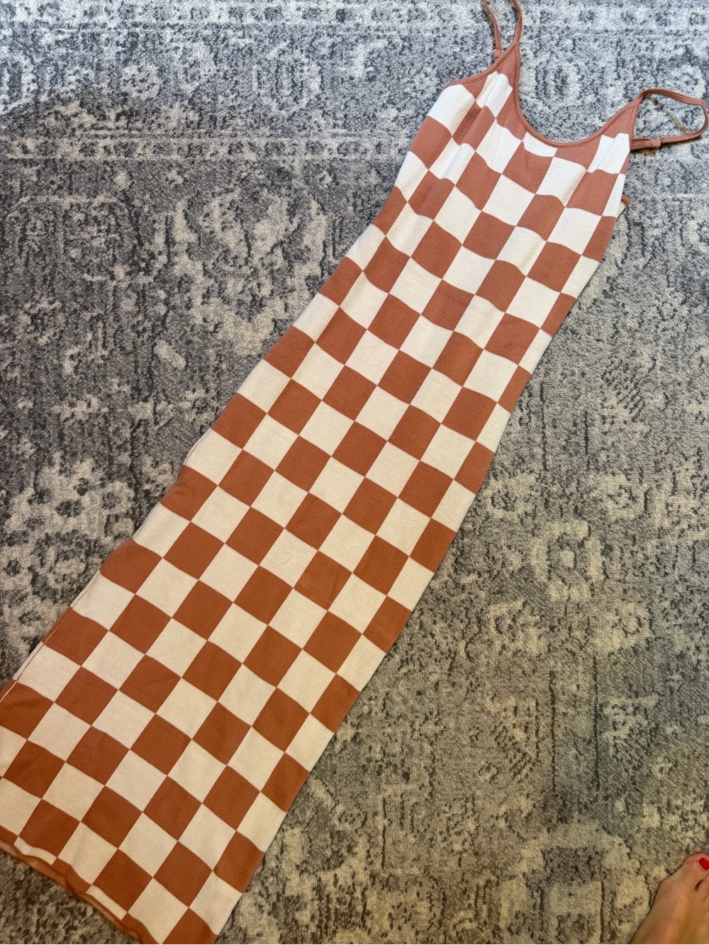 Checkerboard Slip Dress in Rust & Cream